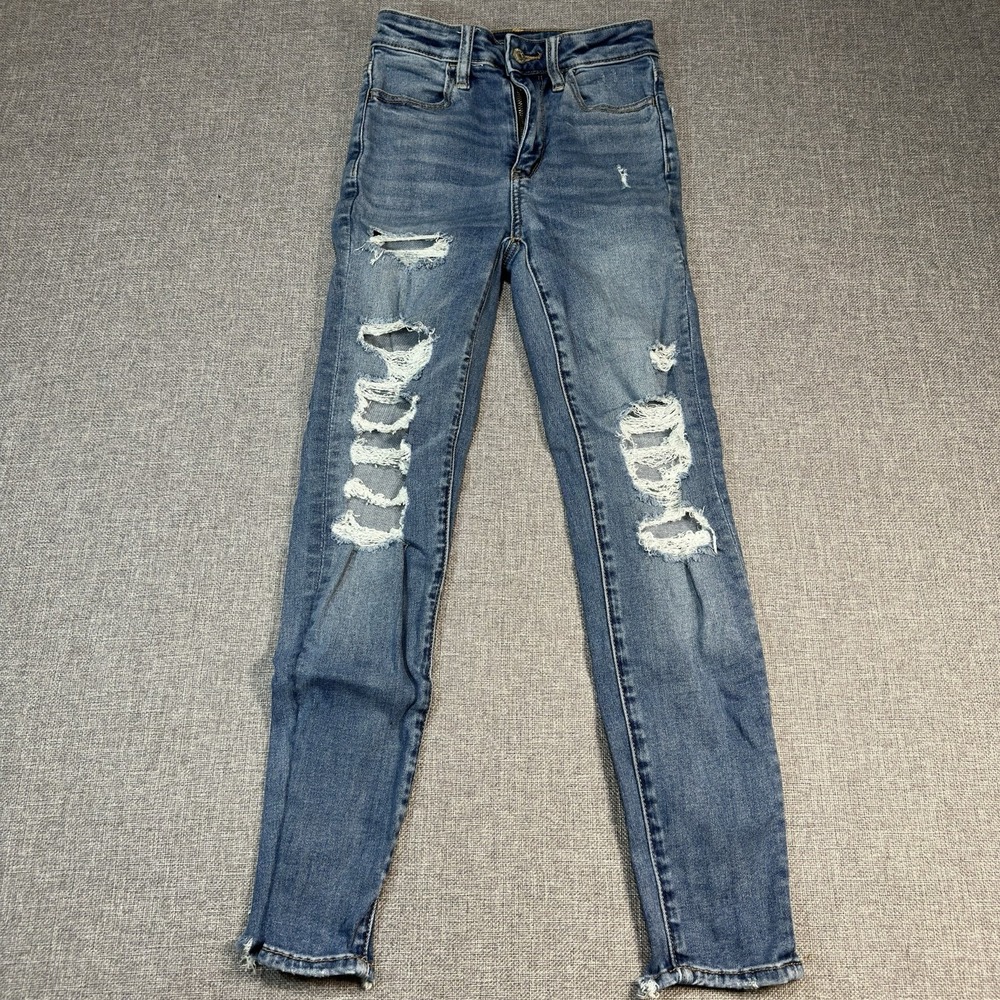 American Eagle Super High Rise Jeggings Distressed Women Blue Jeans Size 00
